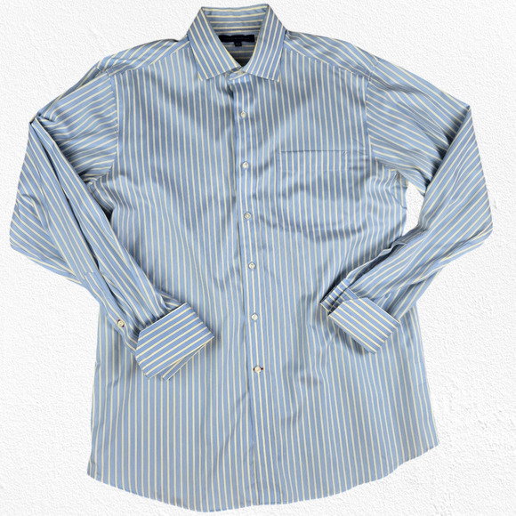Tommy Hilfiger Blue Yellow Striped Button Up Classic Dress Shirt Size Medium - Picture 1 of 11